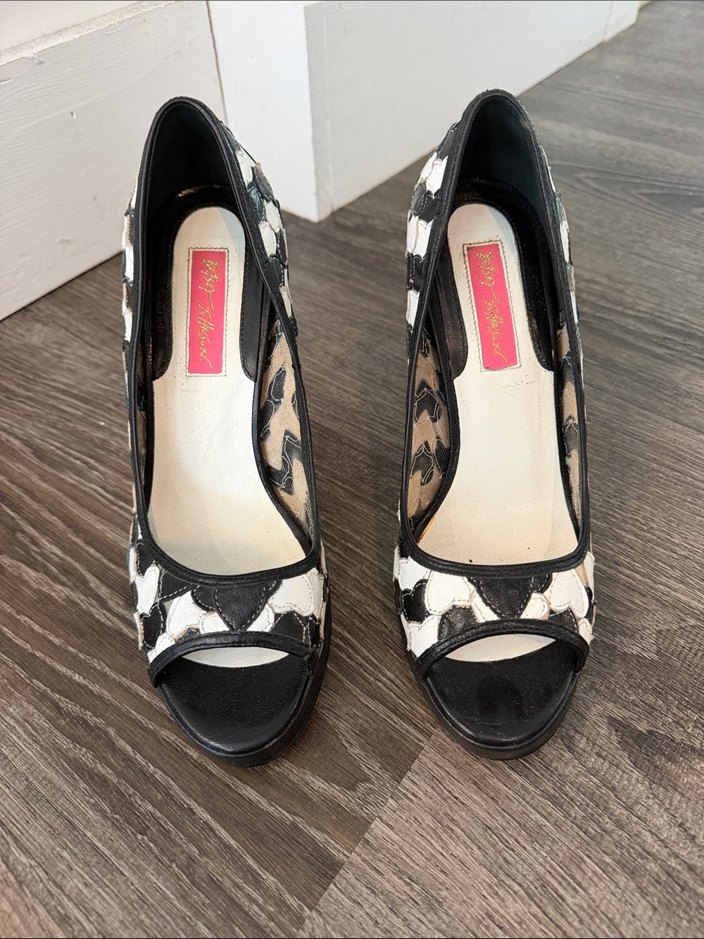 Betsey Johnson Black and White Peep-Toe Heels with Graphic Pattern